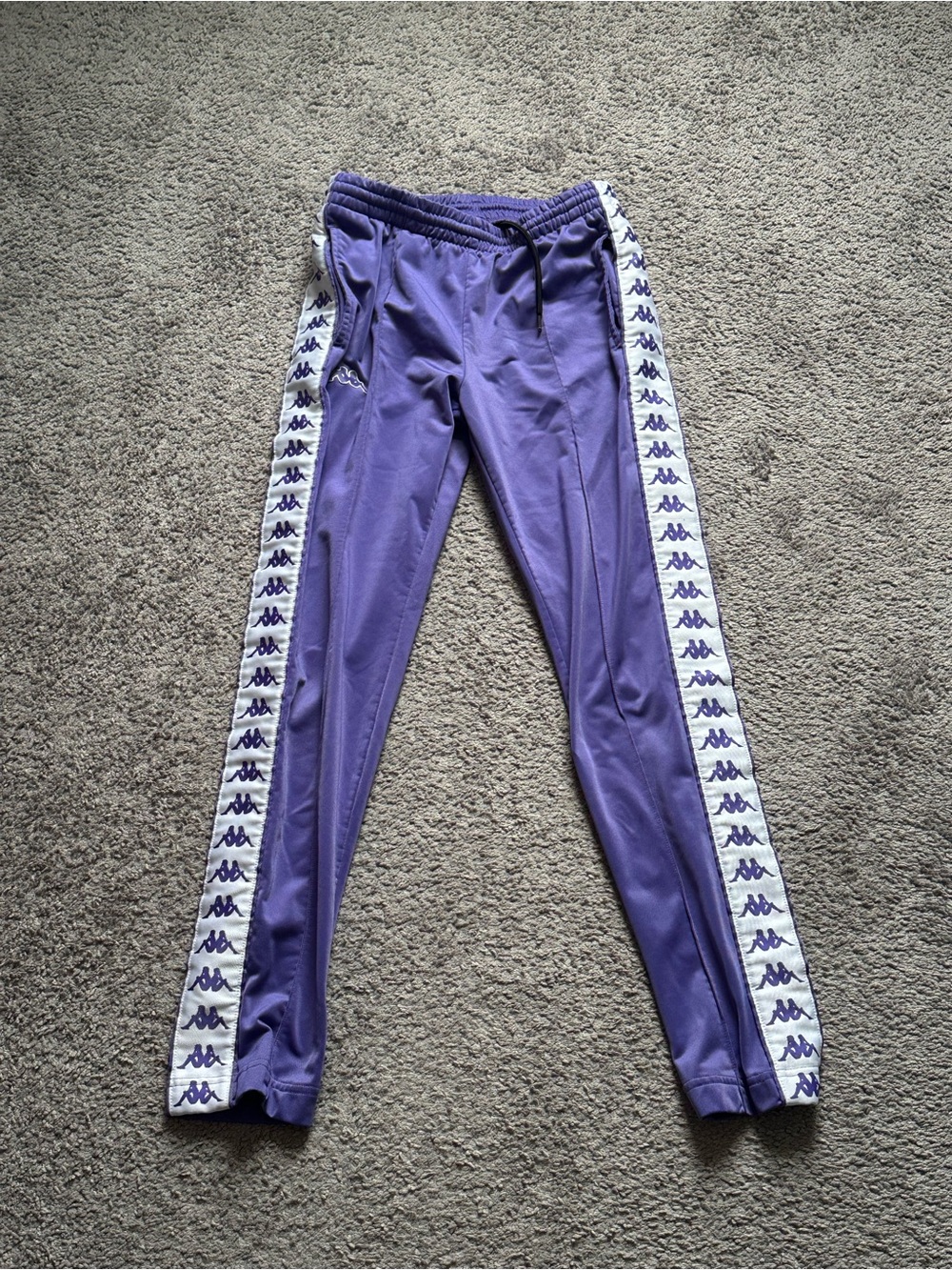 Kappa unisex Purple Track Pants S Logo Tape Side Stripe Drawstring Elastic Poly